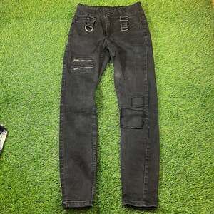 HT Denim Black Washed Distressed Skinny Jeans with D-Rings and Zippers